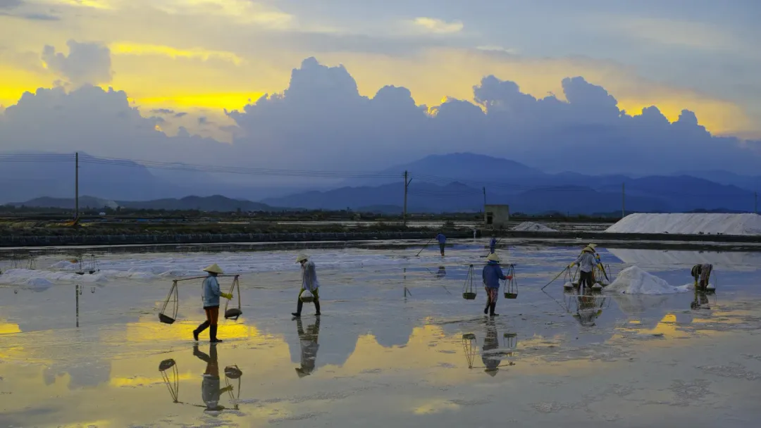Salt workers carrying loads across the Ninh Hoa salt flats at first light