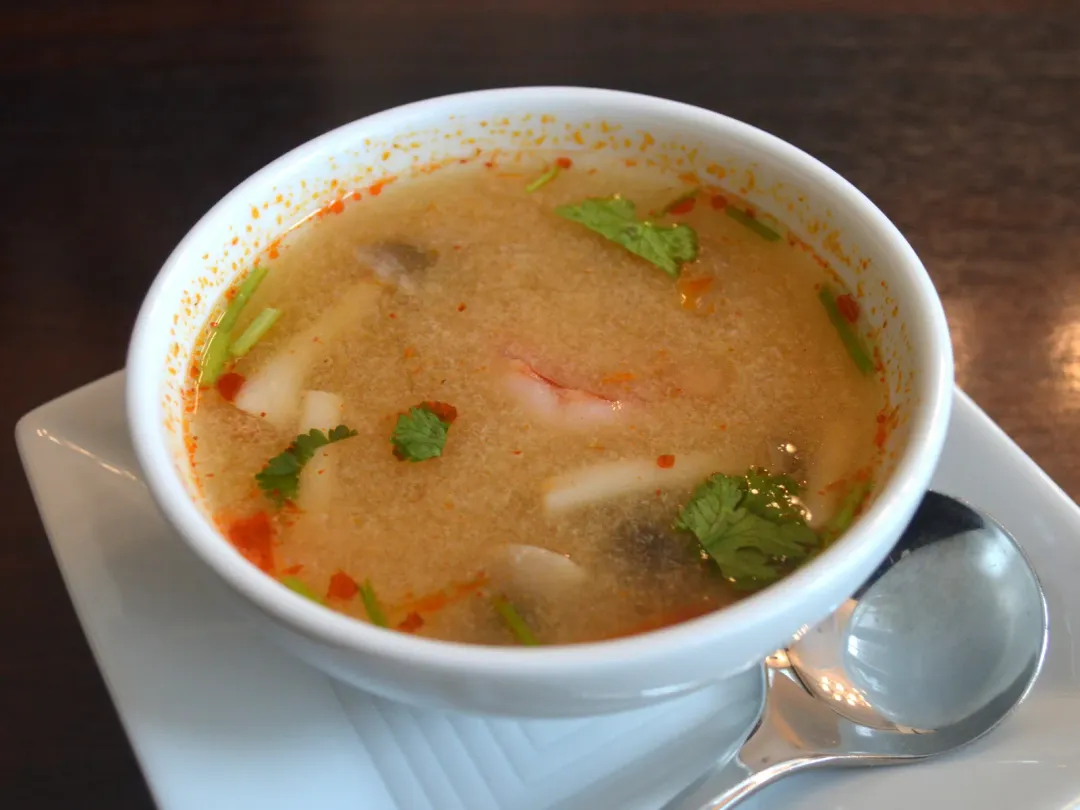 A bowl of tom yum goong, the hot and sour soup Thai kitchens are known for